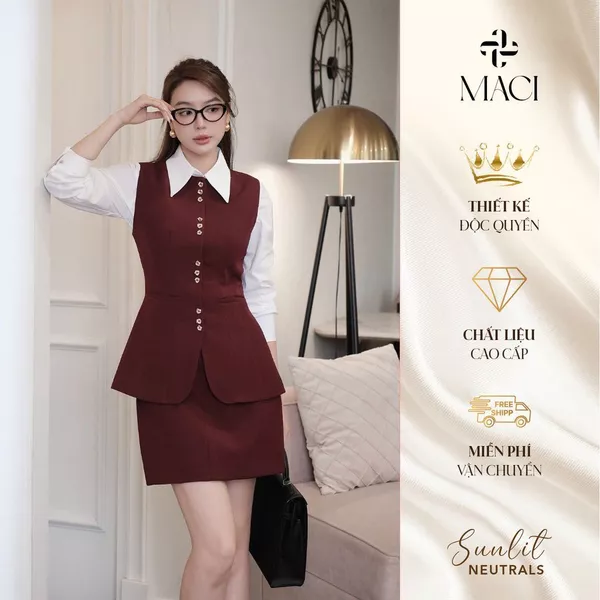 Set Áo Gile Khuy Titan Và Chân Váy A Dáng Ngắn Đỏ Burgundy Chất Chéo Hàn MACI MCAAVDO0332