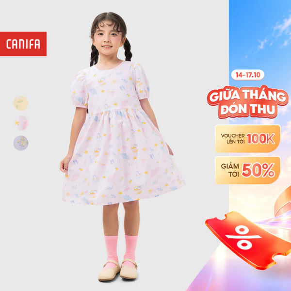 Váy liền bé gái CANIFA đầm babydoll cộc tay chất liệu cotton thoáng mát 1DS26S005