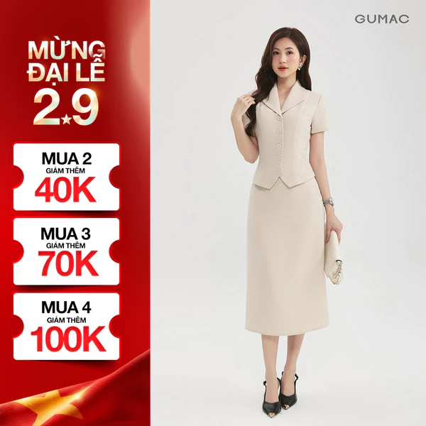 [Size S - XXL] Set lẻ Áo nữ GUMAC peplum cổ sam tay ngắn tôn dáng LAG0106 - Chân váy nữ GUMAC dáng A một lớp LVG0105