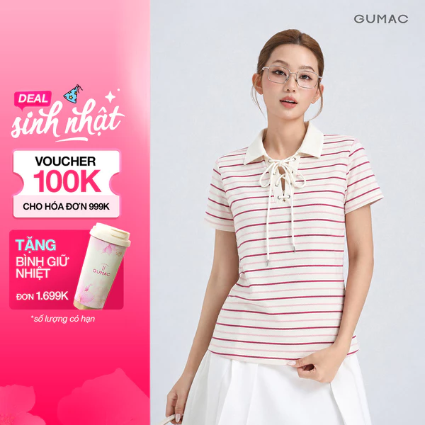 Áo Polo Nữ Gmorning - GUMAC Dây Đan Cách Điệu Cổ Trụ Mắt Cáo Kèm Dây Luồn Tạo Điểm Nhấn Hiện Đại YAPG05052
