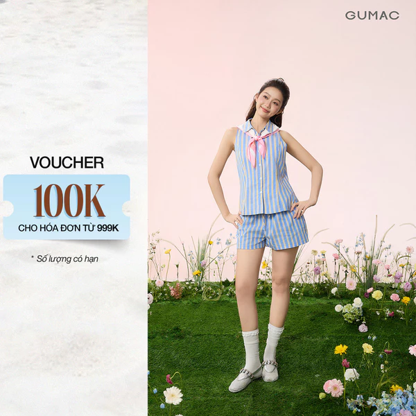 Set Áo Kiểu Nữ Gmorning - GUMAC Cổ Sơ Mi Không Tay Thắt Eo Cách Điệu - Quần short ống rộng lưng thun viền bèo YSG08040