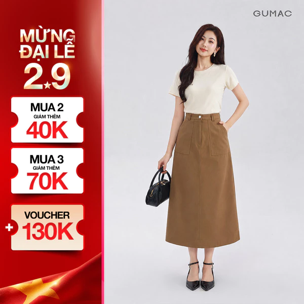 Chân Váy Chữ A Dáng Dài GUMAC - Gmorning Chân Váy Kaki Midi Túi Vuông Tôn Dáng Cao Cấp YVF04060