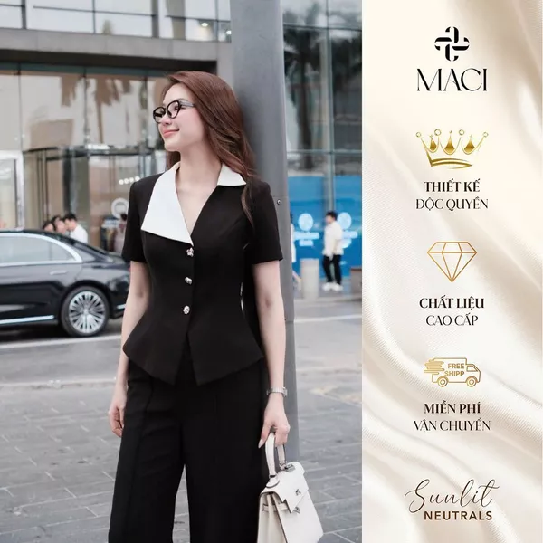 Áo Kí Giả Đen Phối Trắng Khuy Titan MACI MCAAVDE0305 Thời Trang Nữ Thiết Kế Độc Quyền