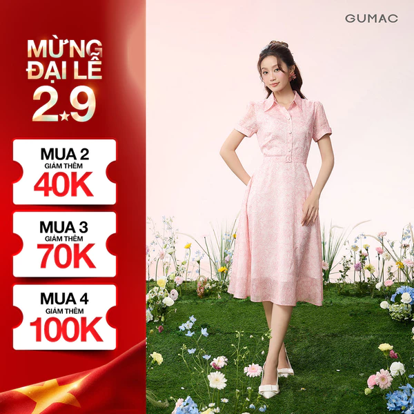 Đầm Nữ GUMAC Form A Xòe Cổ Sơ Mi Tay Ngắn Thắt Lưng Bọc Vải Thanh Lịch Phù Hợp Đi Làm Đi Chơi DG07030