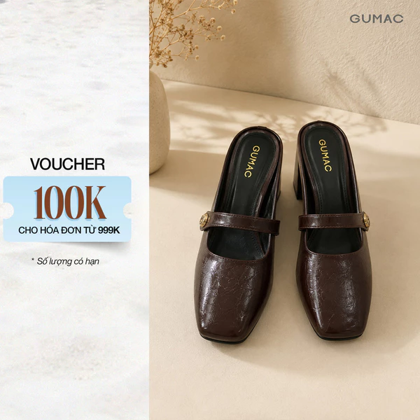 Giày Sục Nữ GUMAC Mũi Vuông Đế 5cm Quai Ngang Đính Hoa Kim Loại Lót Đệm Êm Chân Thanh Lịch GG07013