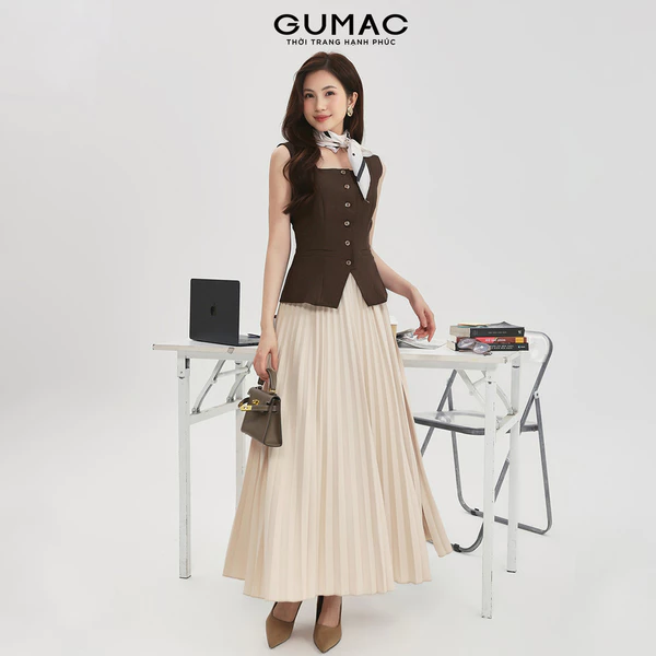 Chân váy GUMAC kiểu dập ly rẽ quạt chân váy lưng thun may 1 lớp có độ rũ tự nhiên VF12024