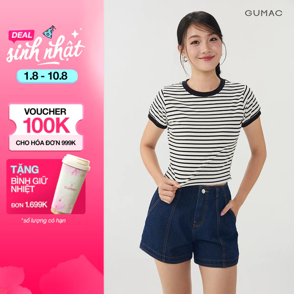 [VOUCHER 25%] Áo Thun Nữ GUMAC Form Suông Vừa Vặn Cổ Tròn Phối Bo Tay Ngắn Chất Vải Co Giãn Thoải Mái ATG07080