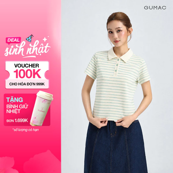 Áo Polo Nữ Gmorning - GUMAC Form Ôm Cổ Bẻ Tay Ngắn Nút Đồng Màu Tinh Tế Thanh Lịch YAPG07024