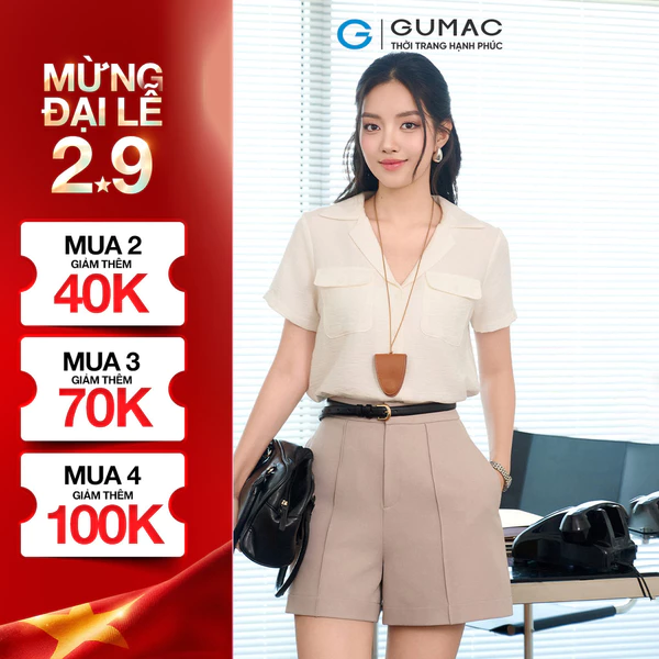 Áo Kiểu Nữ GUMAC Form Suông Tay Ngắn Cổ Danton Túi Đắp Trang Trí Hiện Đại AF07019