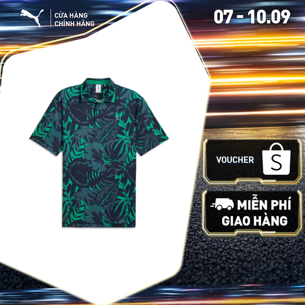 Áo Thun Thể Thao Golf PUMA Nam PTC PALM GLITCH POLO Deep Navy-Sparkling Green Màu Xanh