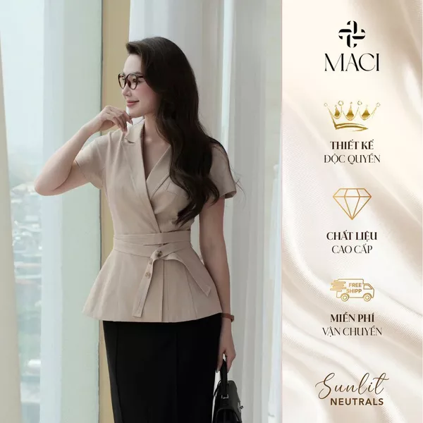 Áo Vest Tay Hến Kèm Đai Chất Bò Lụa Màu Be Thanh Lịch MACI MCAAVBE0400 Thời Trang Nữ Thiết Kế