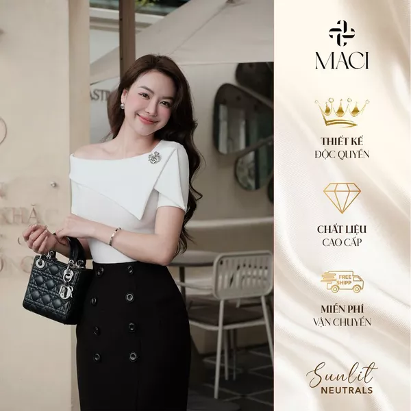 Áo Thun Zip Hàn Co Dãn Lệch Vai Khuy Trang Trí MACI MCAATTR0285 Thời Trang Nữ Thiết Kế Độc Quyền