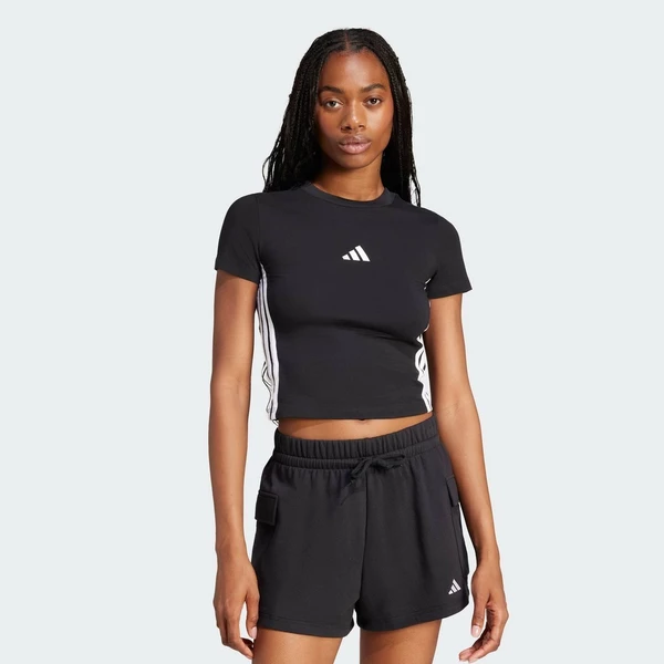 adidas Phong cách sống Áo Baby Tee Dáng Ôm 3 Sọc Essentials Nữ Đen JC8325