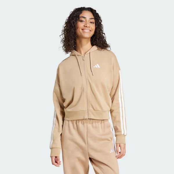 adidas Lifestyle Essentials 3-Stripes French Terry Full-Zip Hoodie Women Brown JY3133