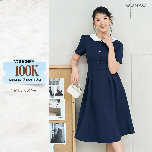 Đầm Chữ A Nữ GUMAC Váy Công Sở Xòe Bigsize Phối Cổ Bâu Sen Tiểu Thư Có Túi Vải Cotton LDE0821