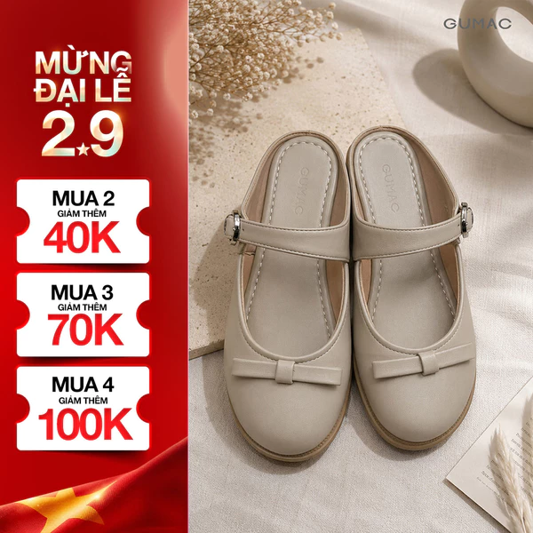 Giày Sục Nữ GUMAC Gót Cao 4cm Mũi Tròn Đính Nơ Quai Ngang Khóa Kim Loại Thanh Lịch Dễ Phối Đồ GG08100