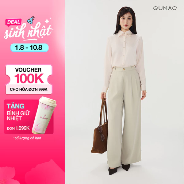 Quần Tây Nữ GUMAC Ống Rộng Xếp Ly Lưng Rời Túi Dọc Đính Nút Kiểu Thanh Lịch Phù Hợp Đi Làm Đi Chơi QG07022