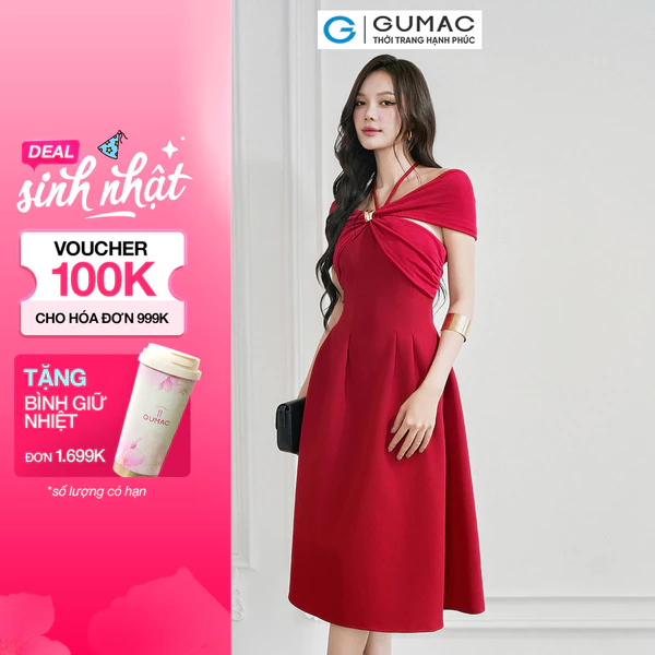 Đầm Nữ GUMAC Dáng A Xòe Chất Tuyết Mưa Đứng Form Cúp Ngực Đính Nút Kim Loại Sang Trọng DE07004