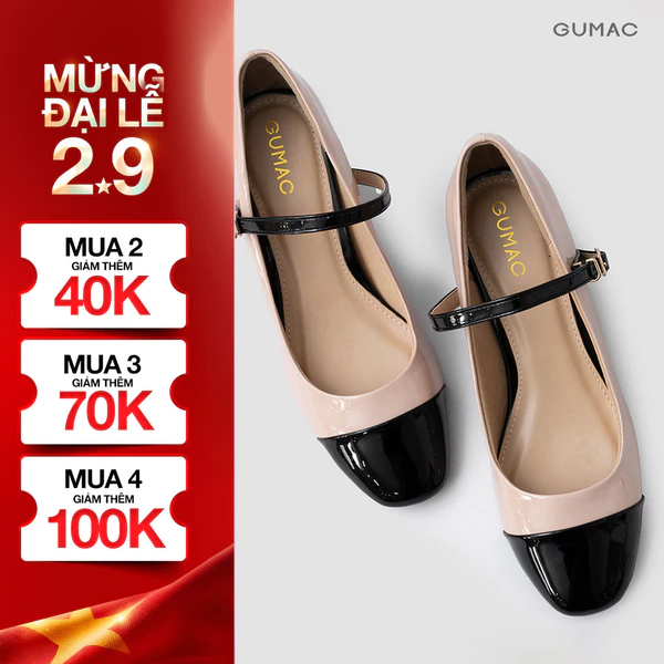 Giày Cao Gót Nữ GUMAC Giày Mary Jane 5 Phân Đế Vuông Phối Màu Mũi Tròn Quai Ngang Thanh Lịch GE01058