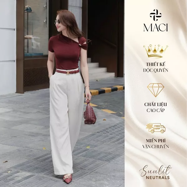 Quần Suông Chiết Li Chất Linen Hàn Kèm Dây Màu Trắng Kem MACI MCQQTTR0358 Thời Trang Nữ Thiết Kế