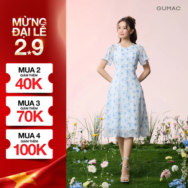 Đầm Nữ GUMAC Form A Xòe Cổ Tròn Tay Cánh Tiên Mềm Mại Nút Dọc Giữa Thân Tinh Tế Hiện Đại DG06035
