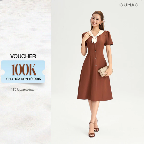 Đầm Chữ A Nữ GUMAC Váy Công Sở Dáng Xòe Cổ V Phối Bâu Đính Hoa Nút Gỗ Vintage LDG0304