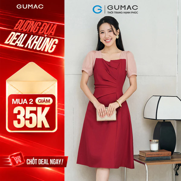 Đầm Nữ GUMAC Form A Cổ Vuông Bẻ Kiểu Tay Phồng Phối Tơ Xếp Ly Tạo Kiểu Thanh Lịch LDE0701