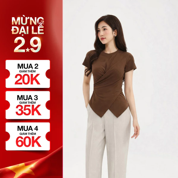 Áo Thun Kiểu Nữ GUMAC Áo Thun Gân Cổ Tròn Đắp Chéo Vạt V Tôn Dáng Co Giãn Nhiều LATF0521