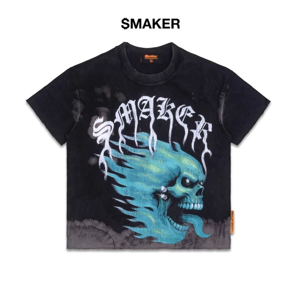 [SMAKER] Áo thun đen 100% cotton washed in hình lửa - FLAME $MAKER WASHED TEE IN BLACK