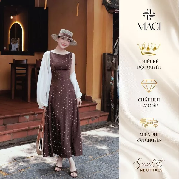 Đầm Lụa Chấm Bi Nâu Chocolate Cổ Thuyền 2 Lớp MACI MCVVANA0302 Thời Trang Nữ Thiết Kế Độc Quyền