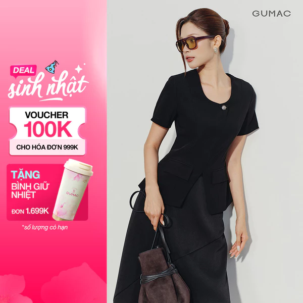 Áo Peplum Nữ GUMAC Cổ Tròn Tay Ngắn Chiết Eo Đính Nút Thanh Lịch Tinh Tế Công Sở AG07005