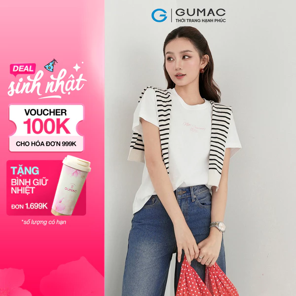Áo thun nữ GUMAC cánh dơi form suông thoải mái thêu art  ATF09005