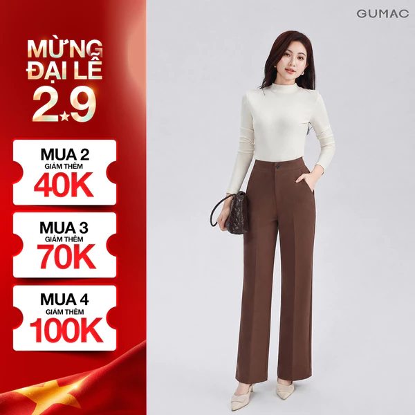 Quần Ống Suông Nữ 96cm GUMAC Quần Tây Công Sở Lưng Cao Vải Tuyết Mưa Cạp Cao Tôn Dáng LQF0415