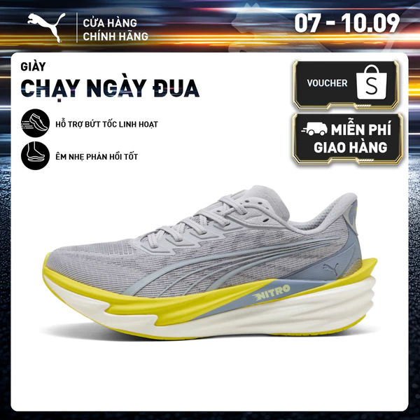 Giày Chạy Bộ PUMA Nam Deviate NITRO 4 Vibrant Silver-Lux Lime Màu Xám