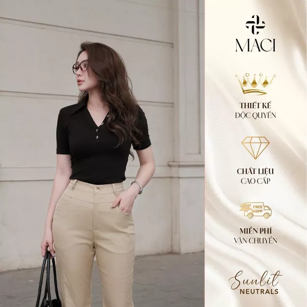 Áo Thun Tăm Polo Khuy Bạc Màu Đen / Trắng MACI MCAATTR0275 MCAATDE0277 Thời Trang Nữ Thiết Kế Độc Quyền