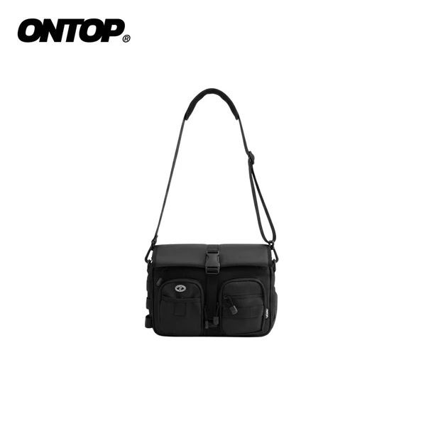Túi canvas phối da đeo chéo ONTOP nhiều ngăn đa năng, dây đeo có đệm vai thoải mái màu đen Flap-Buckle Bag | O-B83