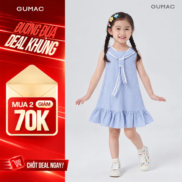 Đầm Bé Gái GUMAC Form A Suông Cổ Thủy Thủ Không Tay Tùng Xòe Rã Bèo Nhún Cài Nút Sau DGG11053