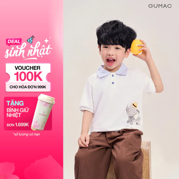 Áo Polo Bé Trai GUMAC Tay Ngắn In Hình Con Voi Cotton 2C Mềm Mát Dễ Thương APKG04088