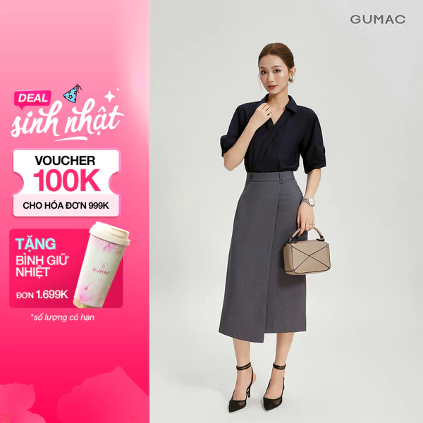 Chân Váy Nữ GUMAC Form Suông Vạt Đắp Chéo Đỉa Đôi Cách Điệu Sang Trọng VG04003