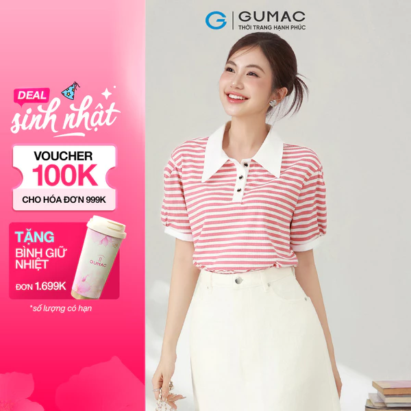 Áo Polo Nữ Dáng Suông GUMAC Cổ Tròn Vải Thun Gân Sọc Phối Cổ Và Nẹp Nút  PLE11036