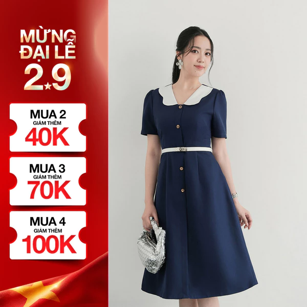 Đầm Dáng A Nữ GUMAC Váy Công Sở Phối Bâu Trắng Dáng Dài Qua Gối Nhẹ Nhàng Nữ Tính LDD1214