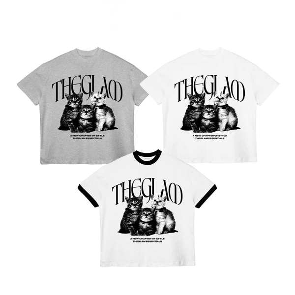 TheGlam CHÍNH HÃNG - Áo thun Form Boxy UNISEX “THREE CATS” - Màu Trắng viền Đen/Trắng/Xám - TS04-17