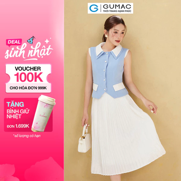 Chân váy nữ GUMAC basic xếp ly dáng dài 2 lớp vải lụa mềm mát màu trắng  BVE00008