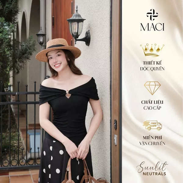 Áo Thun ZIP Trễ Vai Kèm Khuy Trang Trí Mặc Được 2 Kiểu MACI MCAATDE0321 Thời Trang Nữ
