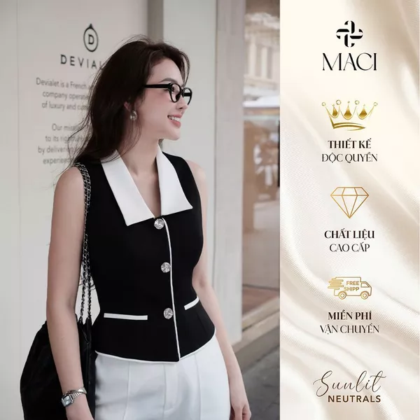 Áo Gile Đen Phối Trắng Cổ Bẻ Khuy Bạc MACI MCAGLDE0282 Thời Trang Nữ Thiết Kế Độc Quyền