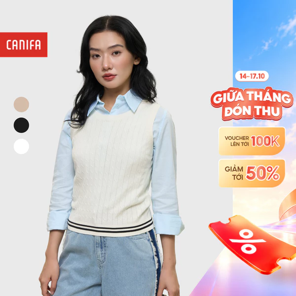 Áo len nữ gilet CANIFA dáng áo rộng vừa phối màu 6TE25W020
