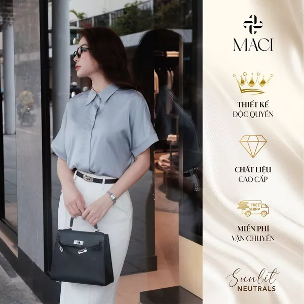 Áo Sơ Mi Lụa Xanh Pastel Ngắn Tay MACI MCASMXD0319 Thời Trang Nữ Thiết Kế Độc Quyền