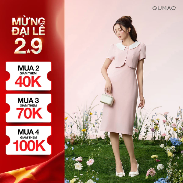 Đầm Nữ GUMAC Form Suông Phối Cổ Trắng Giả Khoác Tay Nhún Phối Nút Bọc Thiết Kế Sang Trọng Tôn Dáng Hiện Đại DG07002