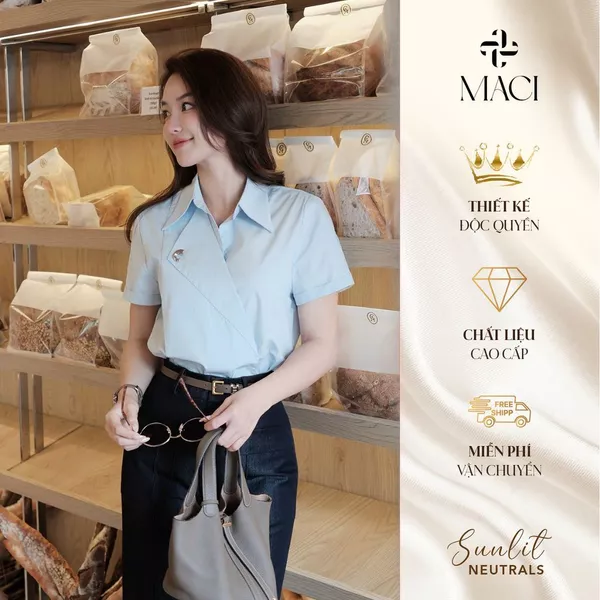 Áo Sơ Mi Tay Ngắn Cổ Gập Cách Điệu Màu Trắng Xanh Mint MACI MCASMXD0311 Thời Trang Nữ Thiết Kế