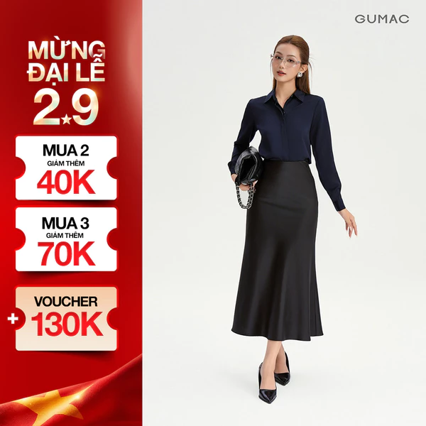 Chân váy lụa nữ form đuôi cá GUMAC có hai lớp dây kéo giọt nước chất liệu lụa mềm mịn LVG0415